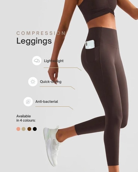 compression leggings, workout leggings, athletic leggings, yoga pants, gym leggings, high waist leggings, sports leggings, new arrival, product launch, lifestyle, minimalist, fresh, trustworthy, brown, neutral